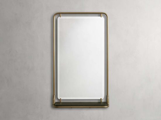 Brass-Framed Wall Mirror with Mango Wood Shelf