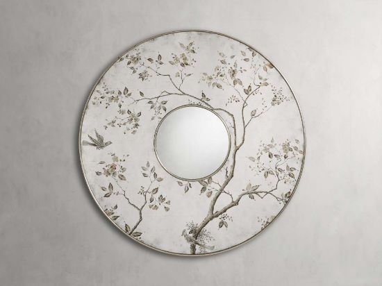 Hand-Painted Round Wall Mirror with Floral Motif