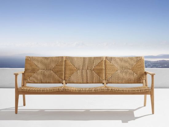 Teak & Wicker Outdoor Sofa with Sleek Paddle Arms