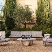 Black Steel Outdoor Sofa with Striped Cushions