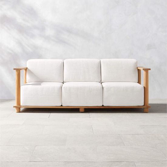 Teak Outdoor Sofa with Textured Ivory Cushions