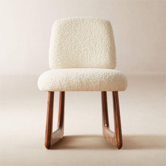 Warm White Bouclé Dining Chair with Oak Sleigh Legs