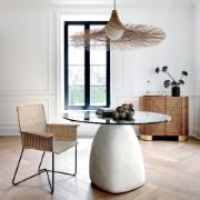 Round White Stone Dining Table with Glass Top